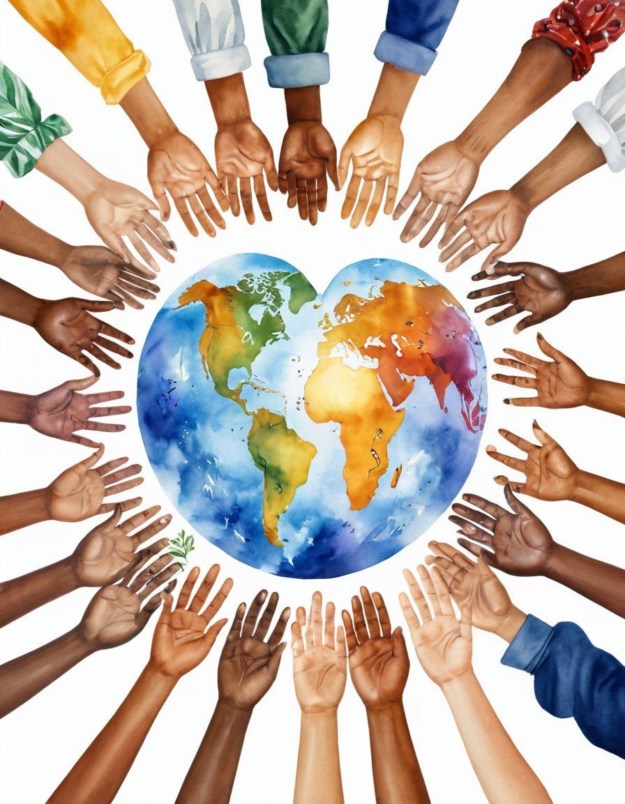 A diverse group of people from different cultures standing together, forming a heart shape with their hands, surrounded by symbols of peace and unity, such as doves and olive branches. Bright sunlight illuminating their faces, reflecting warmth and compassion. The background features a globe to emphasize global community. watercolor style. vibrant colors. soft focus.