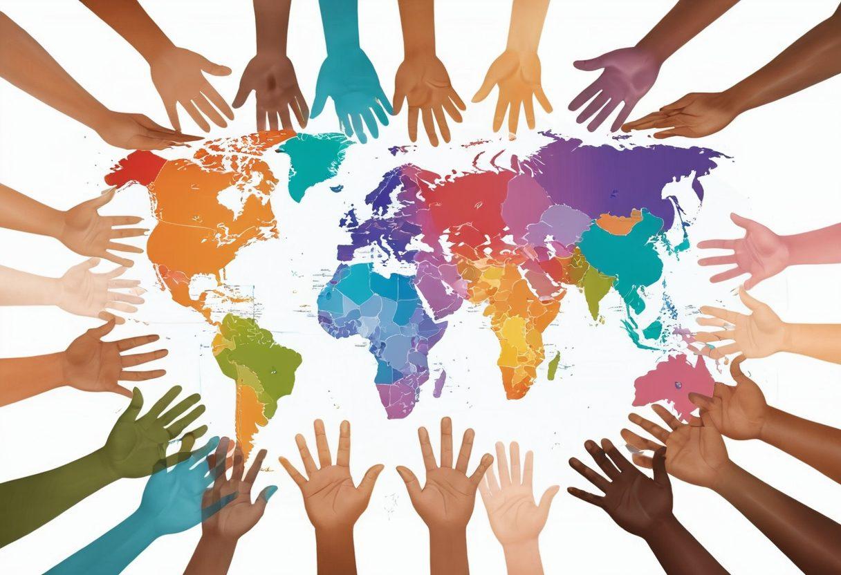 A vibrant global map, with heart symbols connecting various countries, illustrating empathy and kindness transcending borders. Diverse people of different cultures reaching out towards each other, sharing smiles and helping hands, their expressions filled with warmth and compassion. The background is a soft blend of pastel colors, symbolizing unity and peace. super-realistic. vibrant colors. white background.