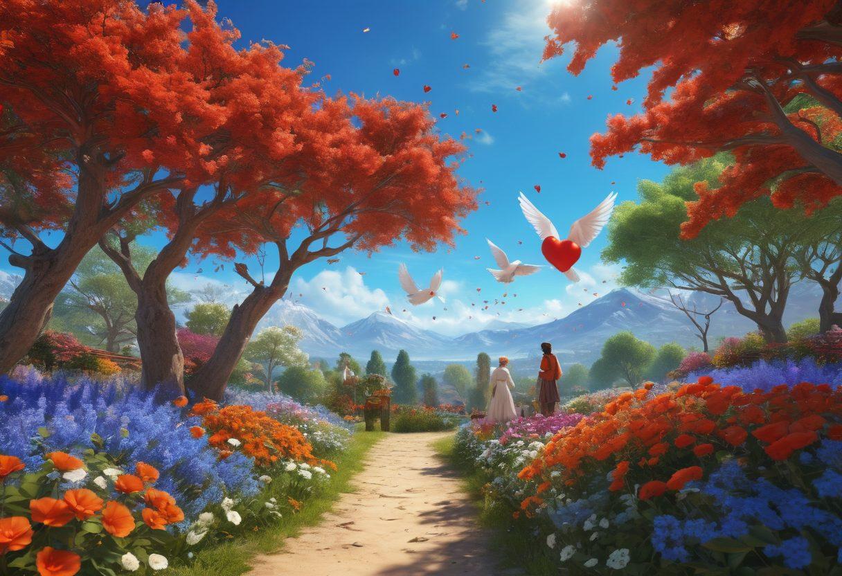 A serene landscape depicting diverse people of different cultures and ages joyfully interacting, surrounded by vibrant flowers and trees under a bright blue sky. Symbolic elements like hearts and doves intertwine in the scene, representing affection and unity. The overall mood is optimistic and harmonious, inviting viewers to feel a sense of community and togetherness. super-realistic. vibrant colors. 3D.